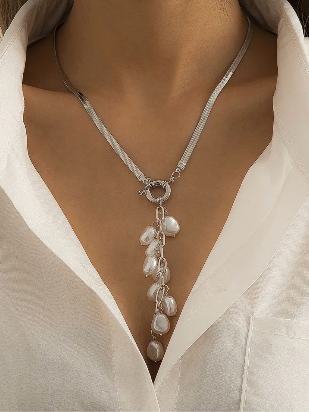 Silver Pearl Drop Y Necklace - Elegant Women's Jewelry